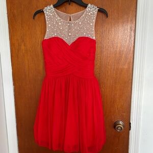 City Studio Red Mini Dress with Pearl Accents